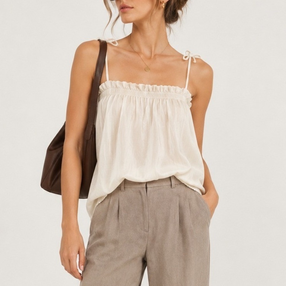 Touche Women's Small Cream Ruffle Trim Cami Blouse Adjustable Tie Romantic